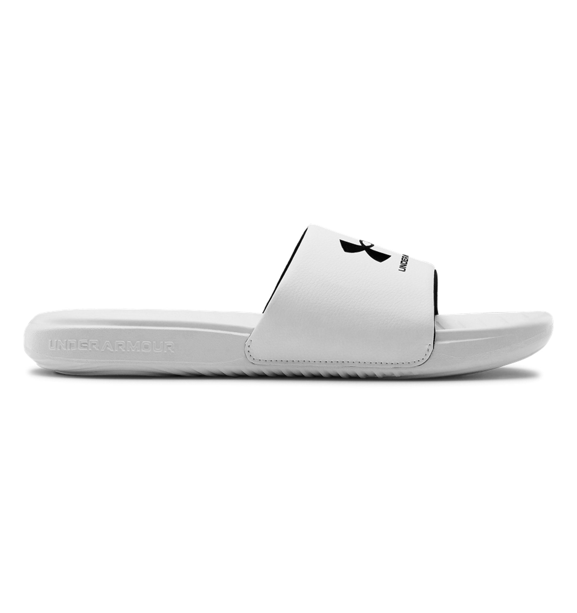Under Armour UA Ansa Fixed Slides in white, featuring a comfortable fixed strap and durable EVA outsole for athletes.